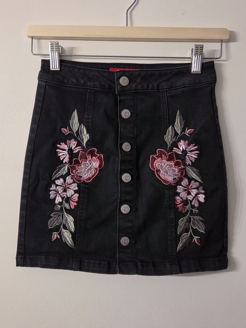 Guess Black Denim Mini Skirt with Pink Floral Embroidery